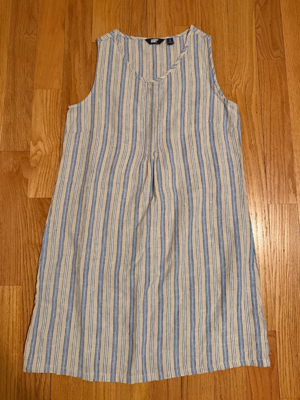 Lands' End Blue White Beige Striped Sleeveless Linen Dress Pintuck Medium 10/12